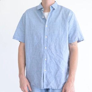 Theory Blue 51% Linen 49% Cotton Button Down  Short Sleeve Dress Shirt Size Xl